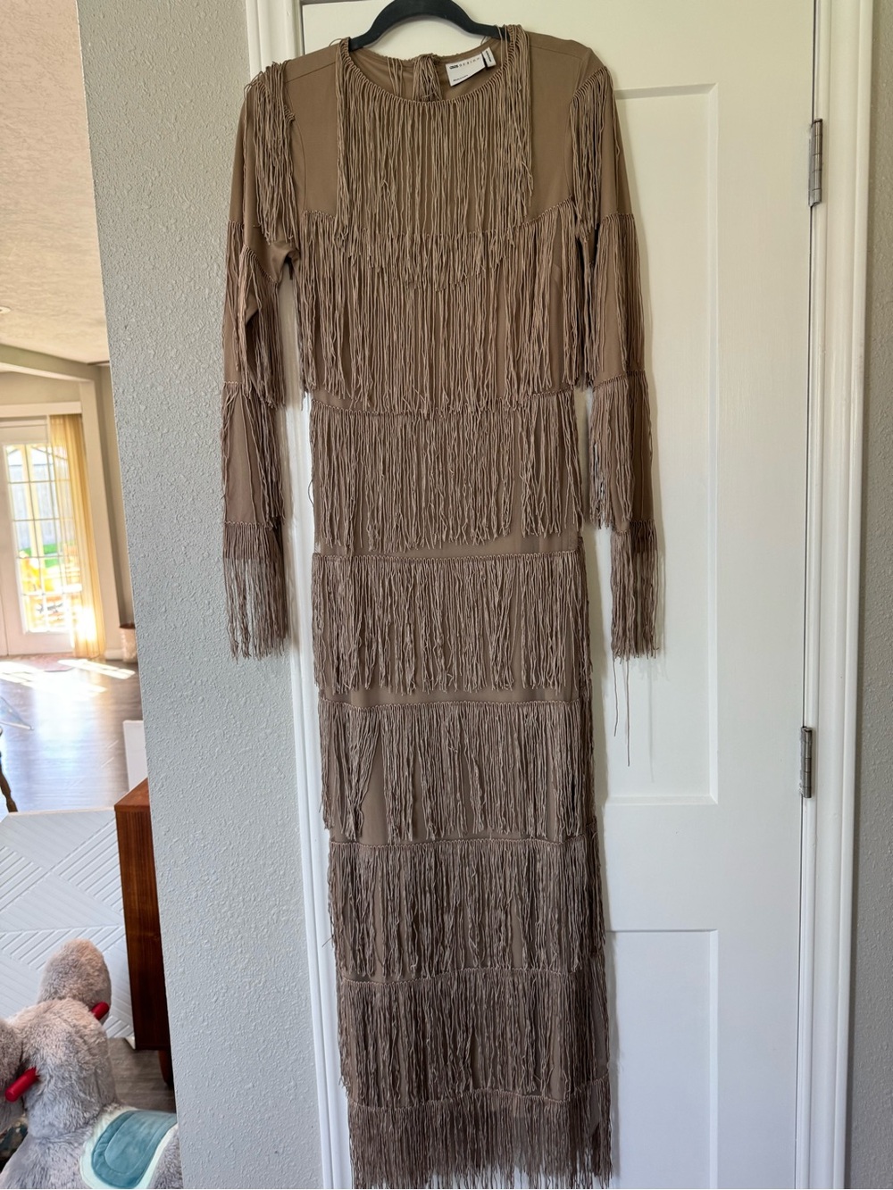 ASOS Taupe Fringed Long-Sleeve Maxi Dress